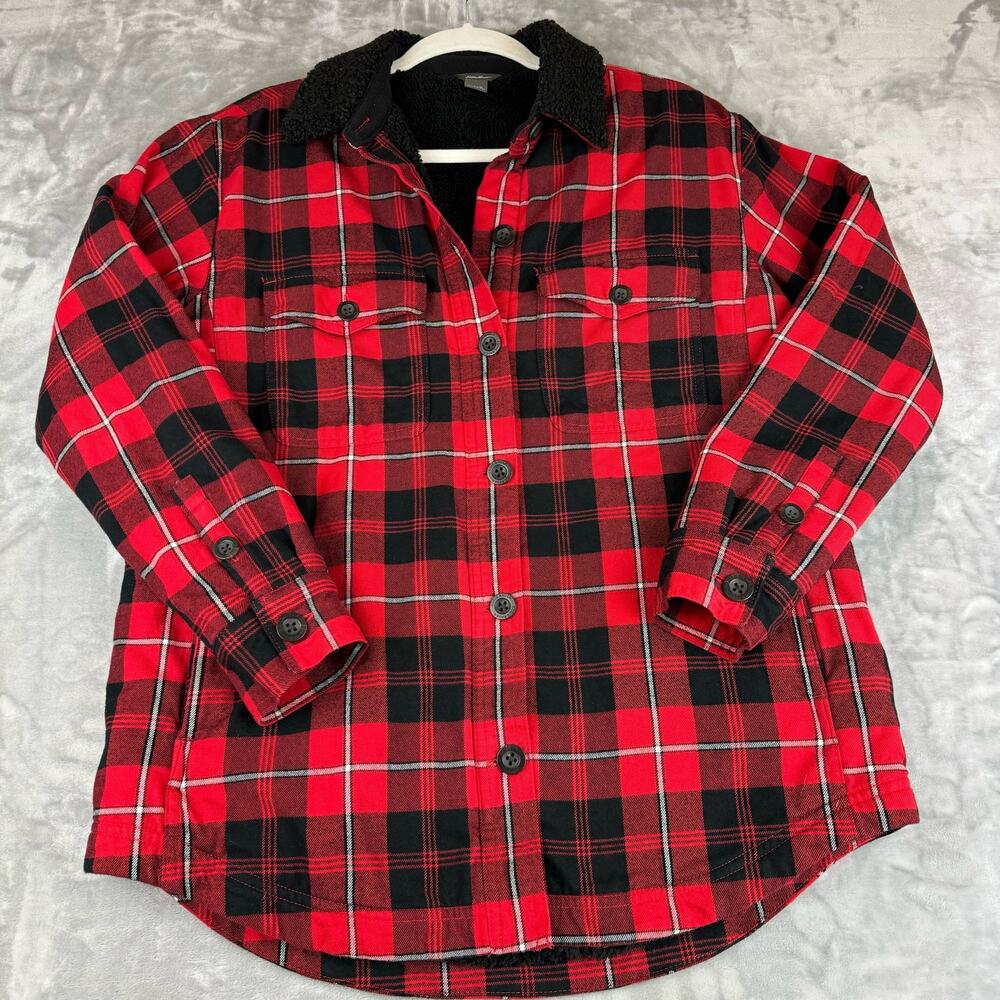 Eddie Bauer Jacket Shacket Womens Medium Red Black Plaid Sherpa Button Up (0735)